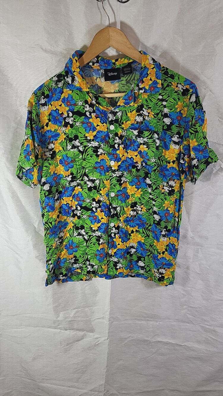 Disney Mickey Mouse Allover Tropical Floral Rayon Hawaiian Shirt Small